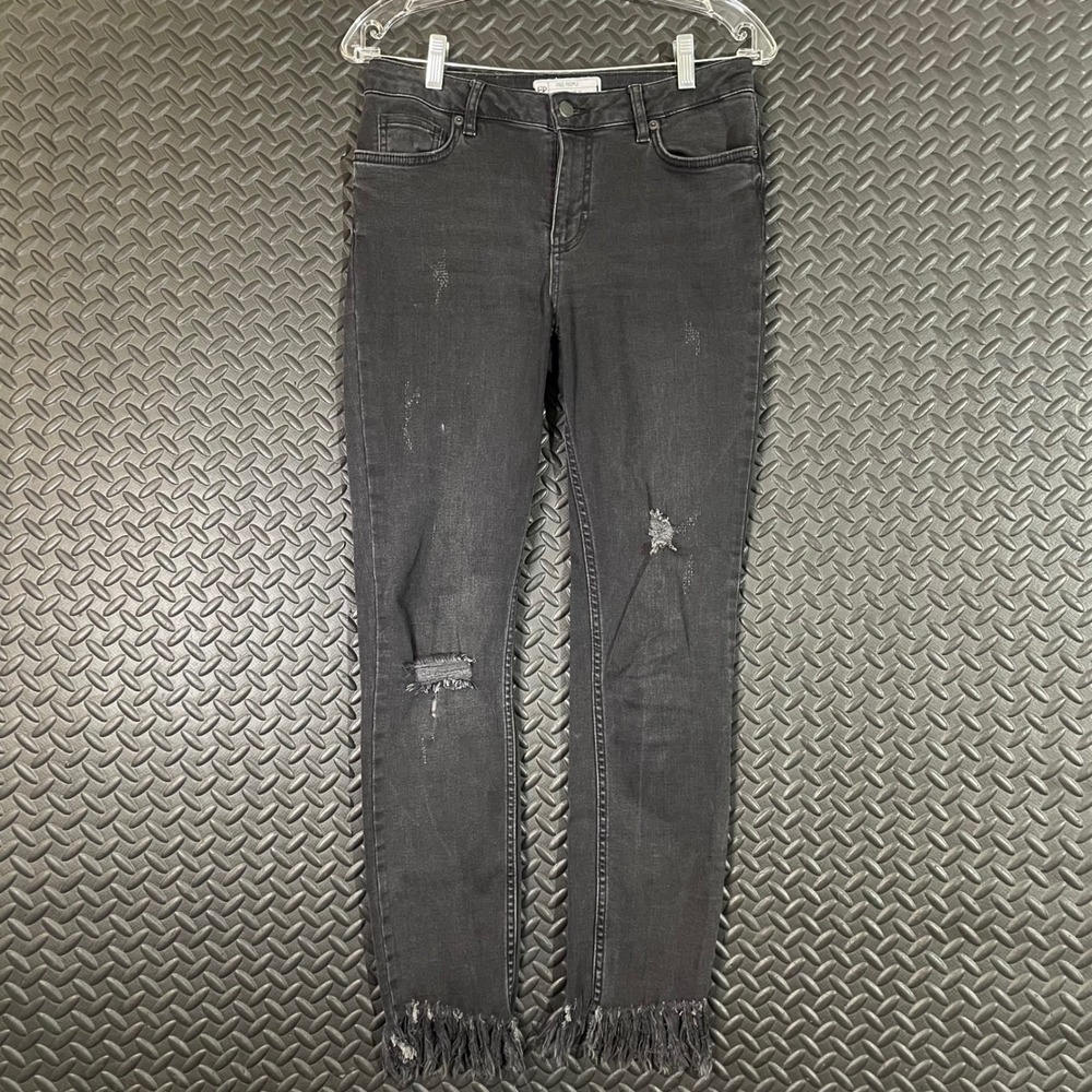 Free People Distressed Skinny Jeans Frayed Hem Ripped Black Wash Size 26